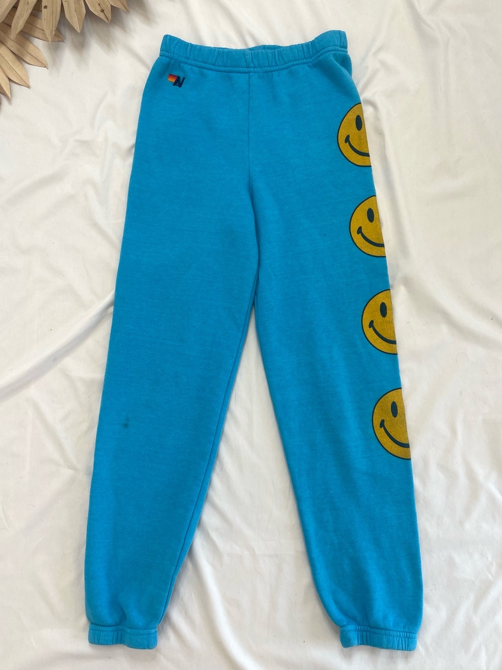 Aviator Nation Smiley Face Neon Blue Yellow Joggers Lounge Sweatpants Size 14